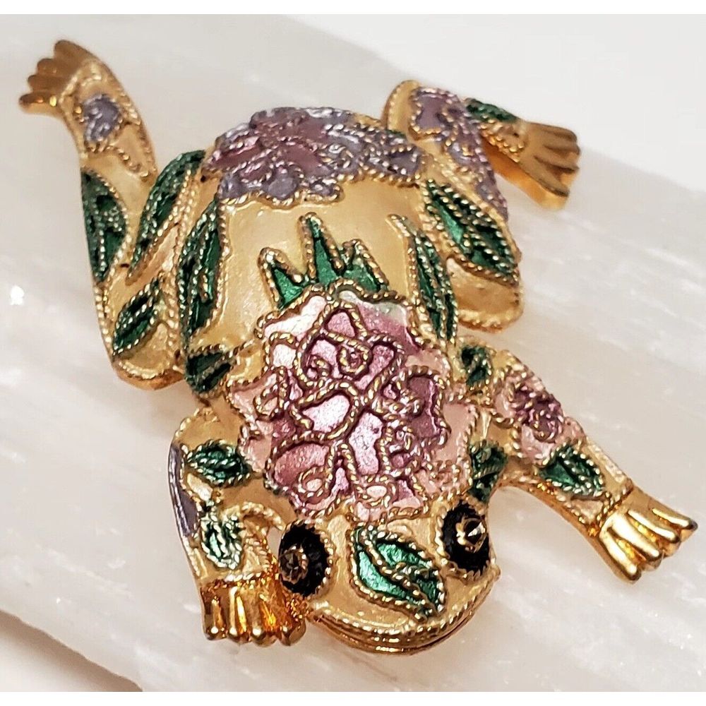 VTG Frog Brooch Cloisonne Purple/Green over Brushed Gold Leap Outstretch Leg Pin